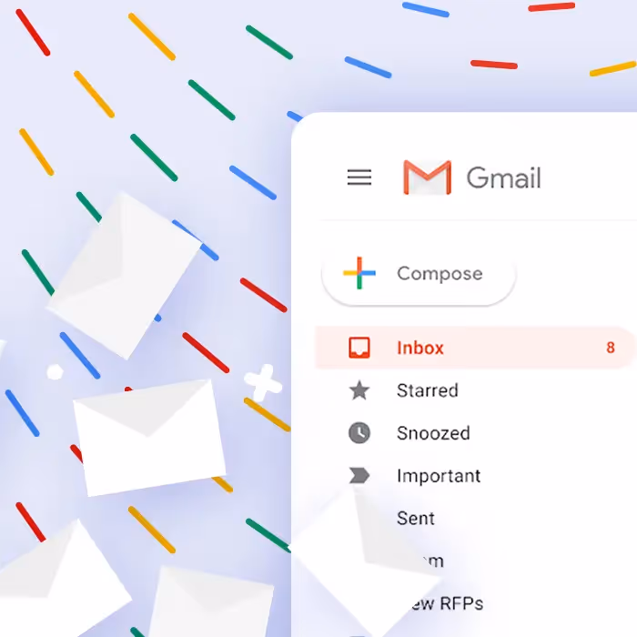 Gmail web interface with Compose button and inbox labels, surrounded by floating envelopes and colorful confetti, illustrating Gmail email marketing.