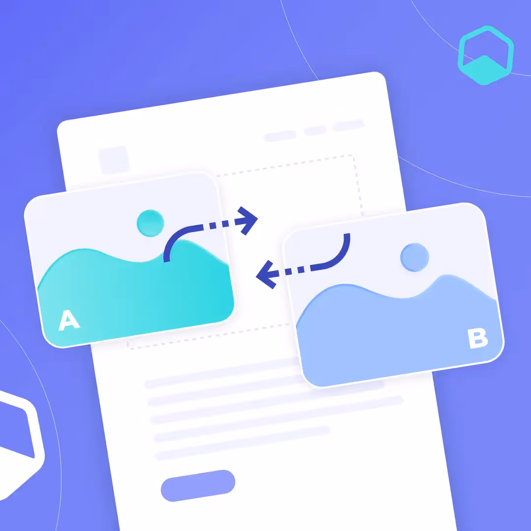Two image blocks labeled A and B linked by arrows over an email template mockup, illustrating dynamic content swapping.