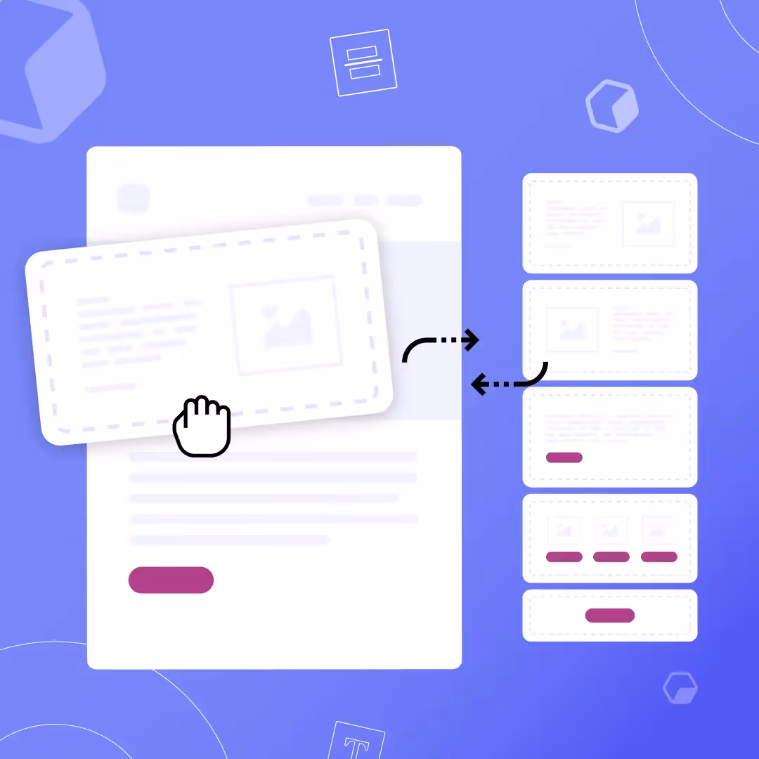 Drag-and-drop modular email builder interface on purple background, illustrating tips for customizable and flexible email design layouts.