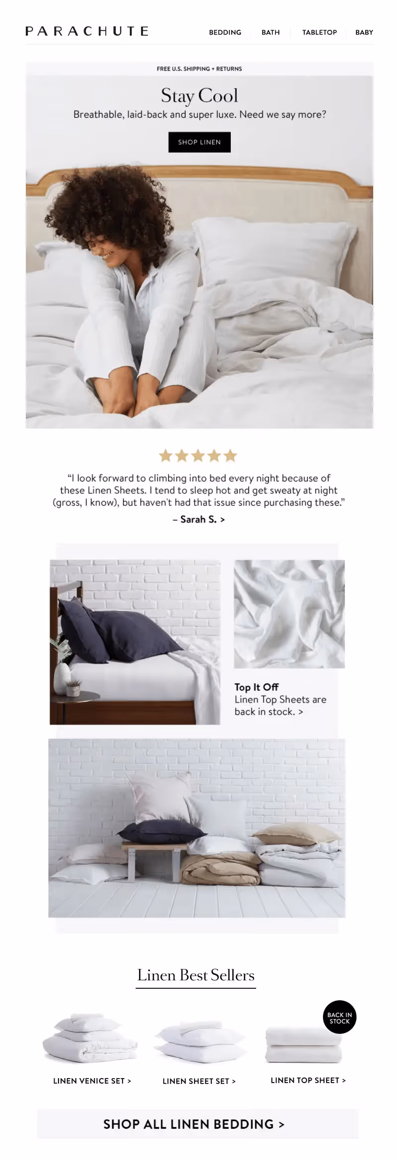 Parachute bedding email with customer review