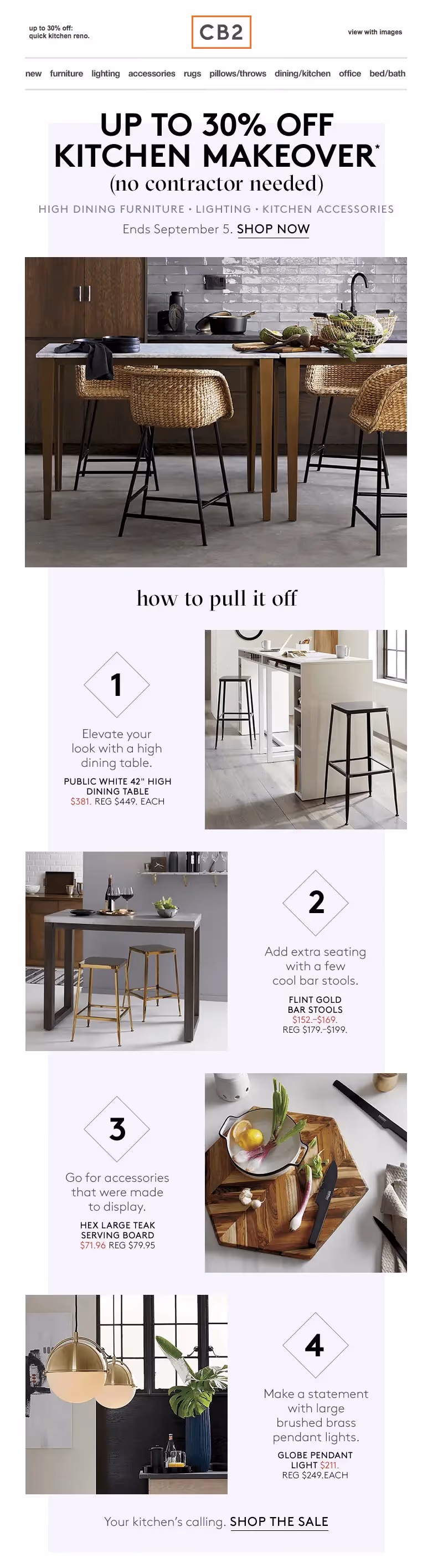 CB2 kitchen makeover list email