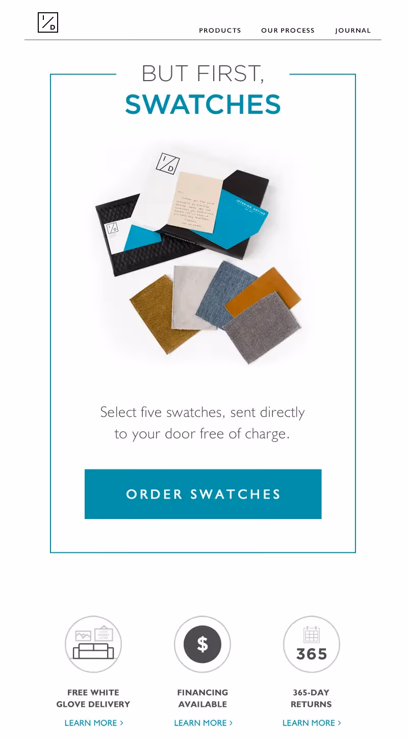 Interior Define email promoting free swatch kits