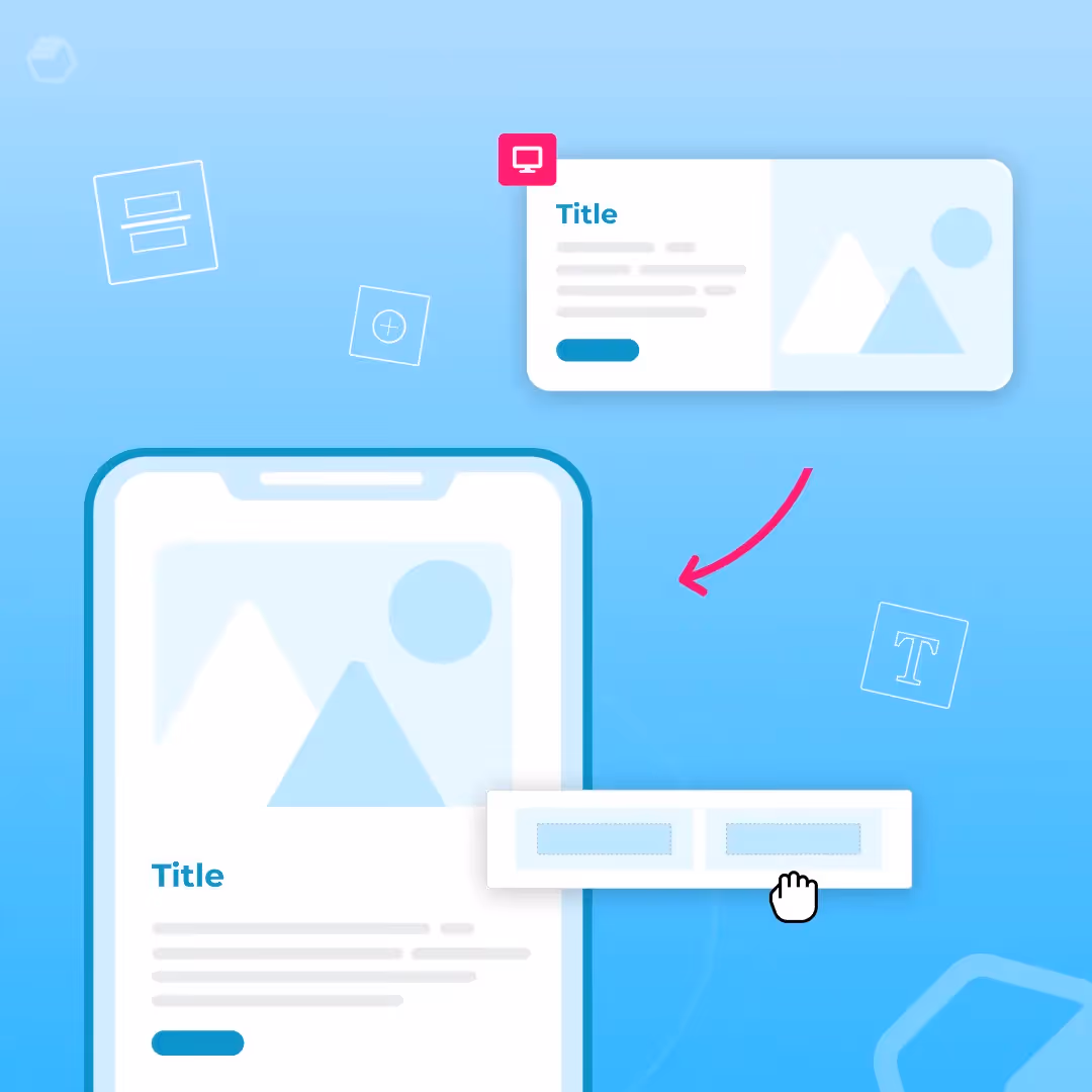Illustration of drag-and-drop multi-column email template builder with mobile and desktop previews on a blue background.
