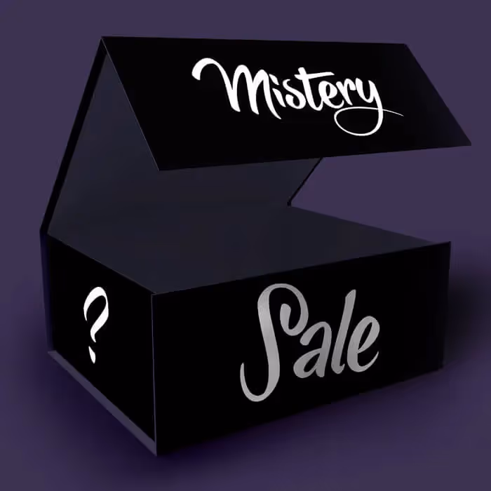 Creative mystery sale email designs featuring surprise boxes, spin-to-win wheels, and question mark visuals to boost user curiosity and clicks.