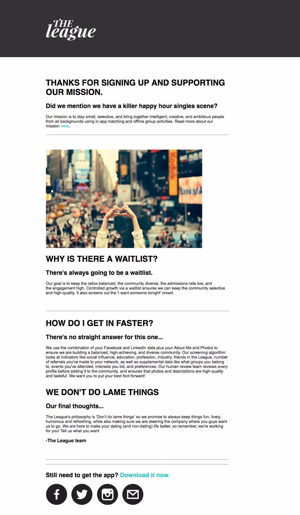 The League welcome email design