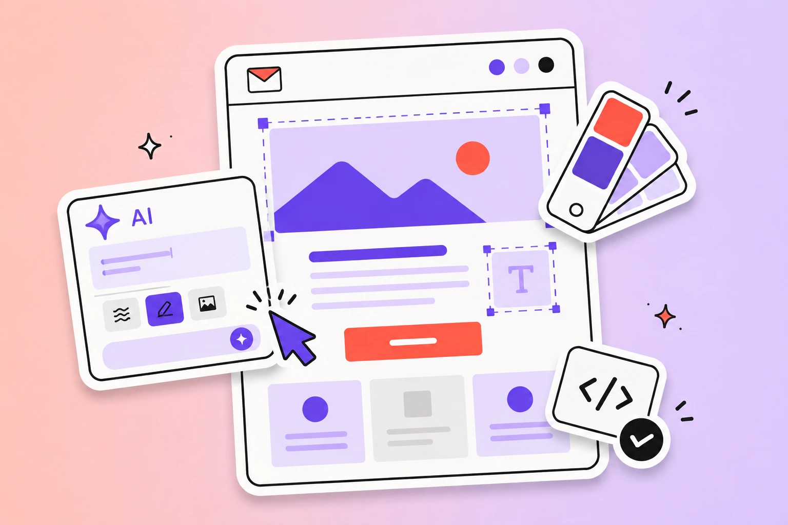Illustration of an AI-powered email and web design interface with editable content blocks, color swatches, code, and design tools.