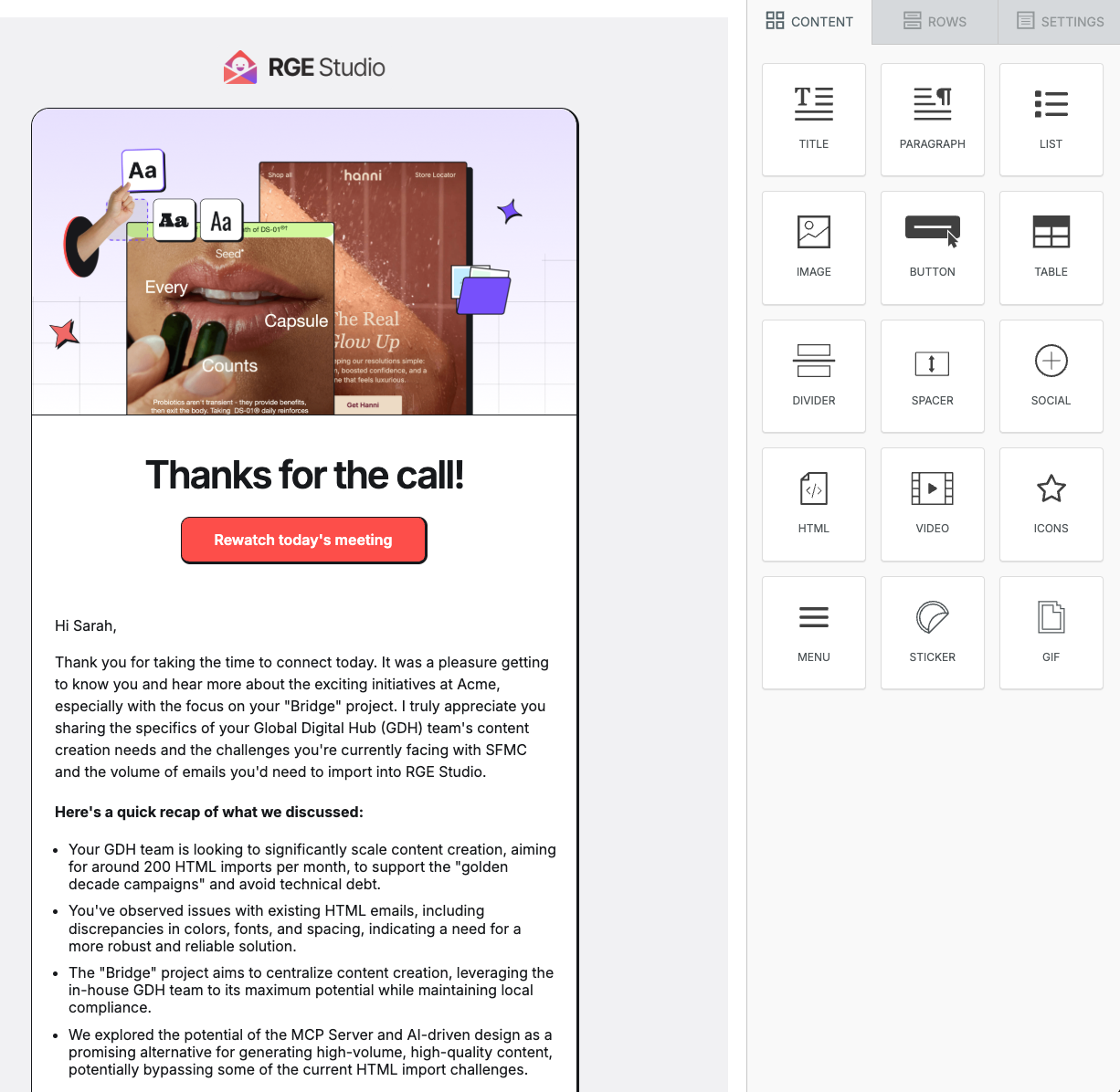 Screenshot of an AI-drafted follow-up email awaiting human review in RGE Studio before sending
