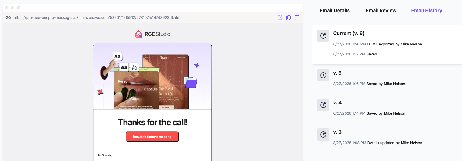 AI-generated follow-up email draft in RGE Studio's editor, held for human review and approval before sending