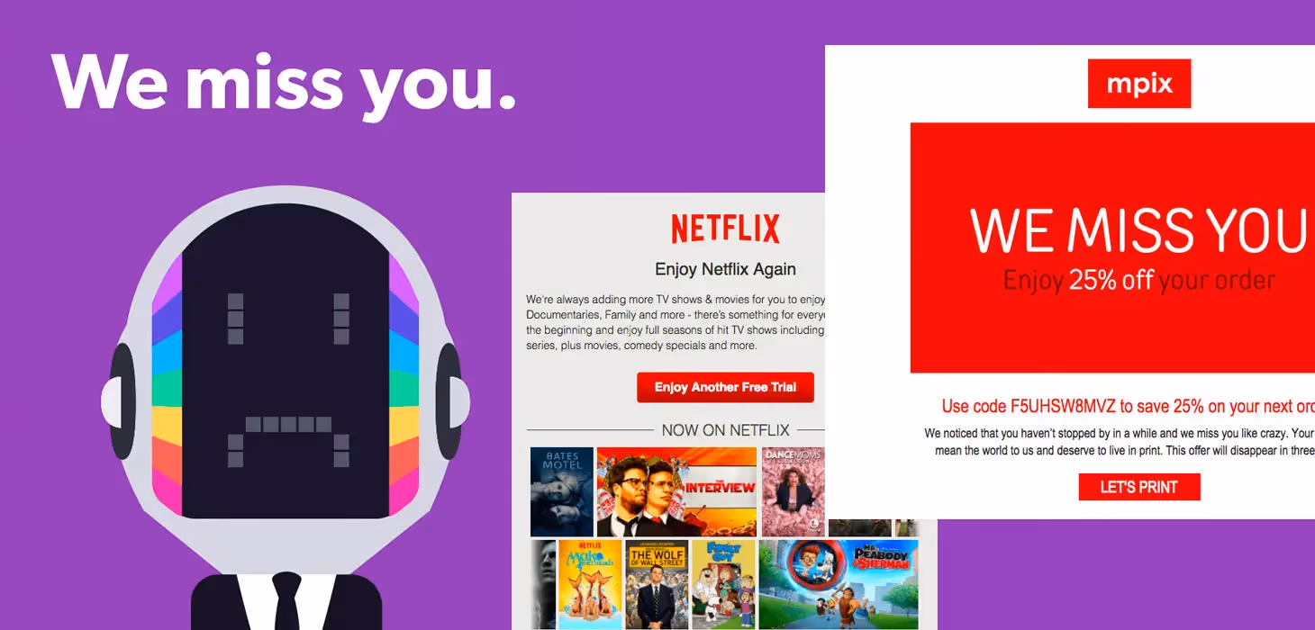 Examples of re-engagement emails from Netflix and Mpix with bold "We Miss You" messages, discounts, and visual incentives to return.
