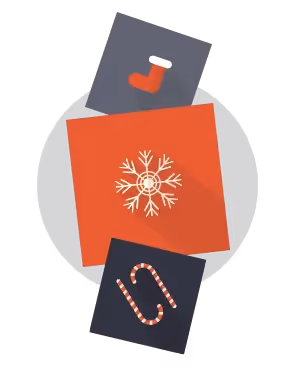 Holiday-themed icons including a snowflake, candy cane, and stocking on cards, symbolizing festive thank-you email designs.