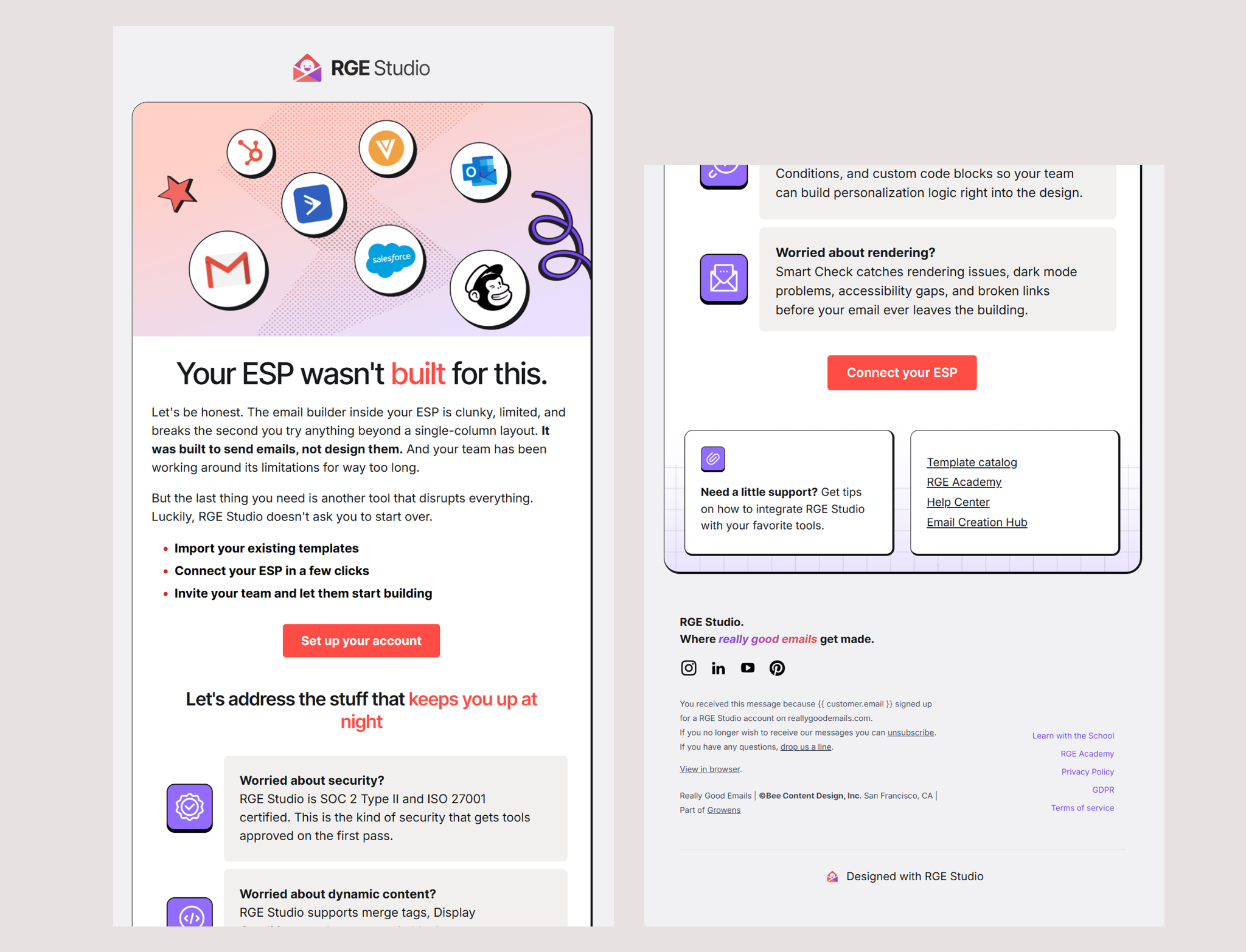 RGE Studio onboarding email answering three common objections to adding a second email builder.