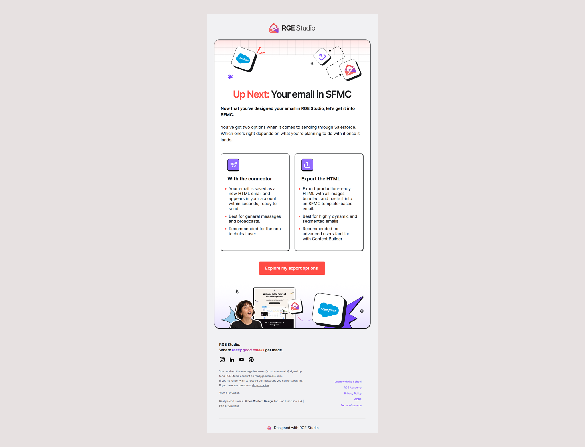 RGE Studio email offering a choice between the Salesforce Marketing Cloud connector and HTML export.