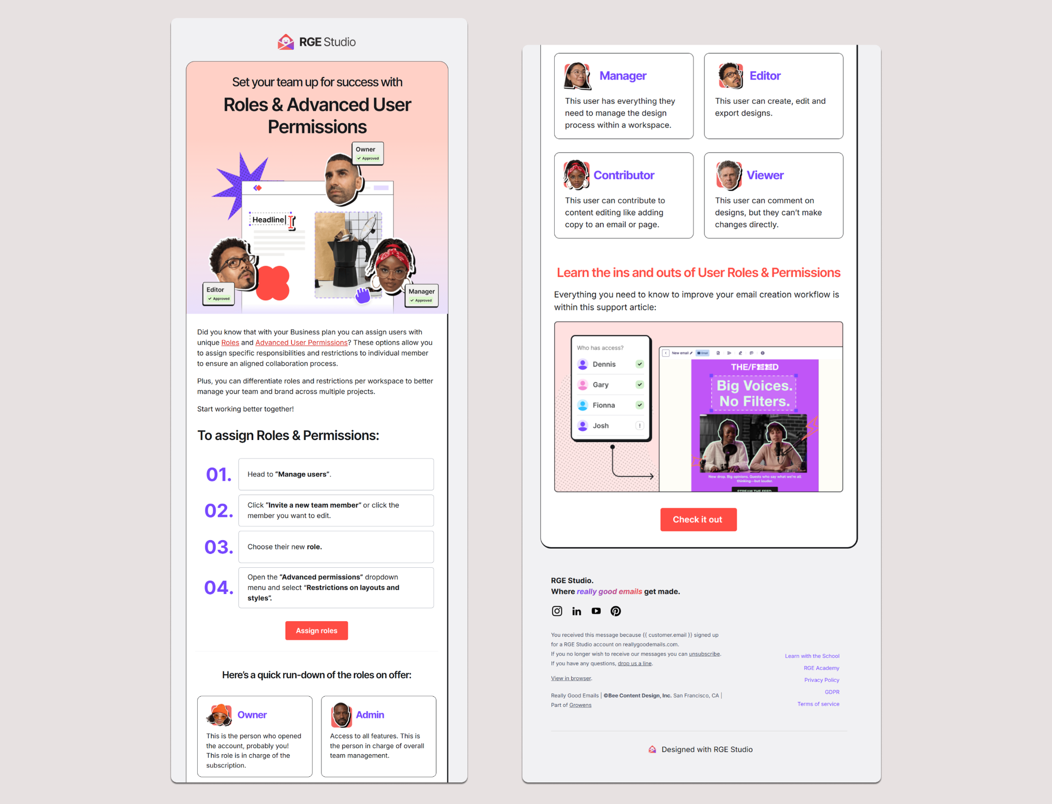 RGE Studio email explaining team roles and user permissions, with illustrated avatars and a numbered setup guide.