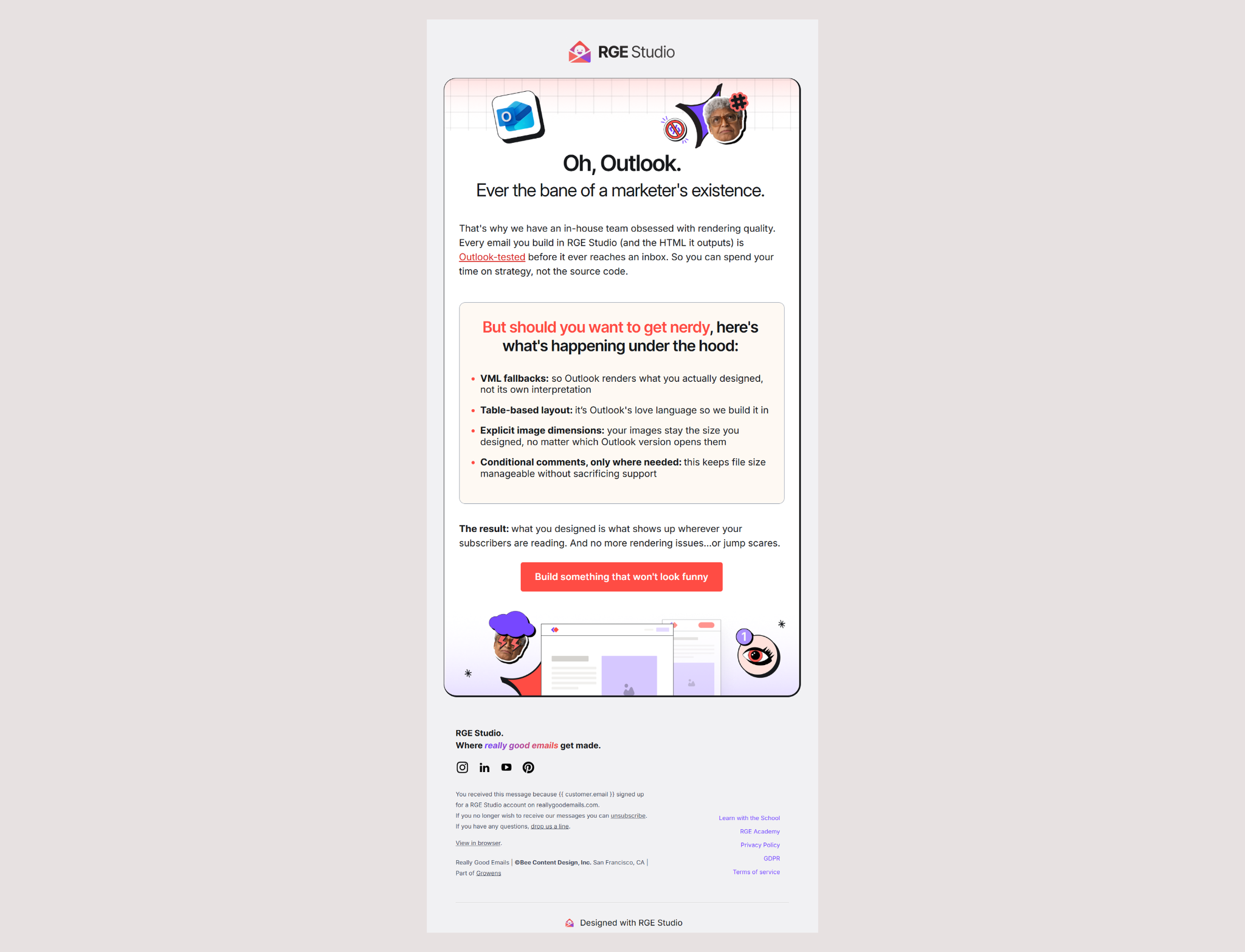 RGE Studio email headlined “Oh, Outlook.” about Outlook-compatible HTML rendering.