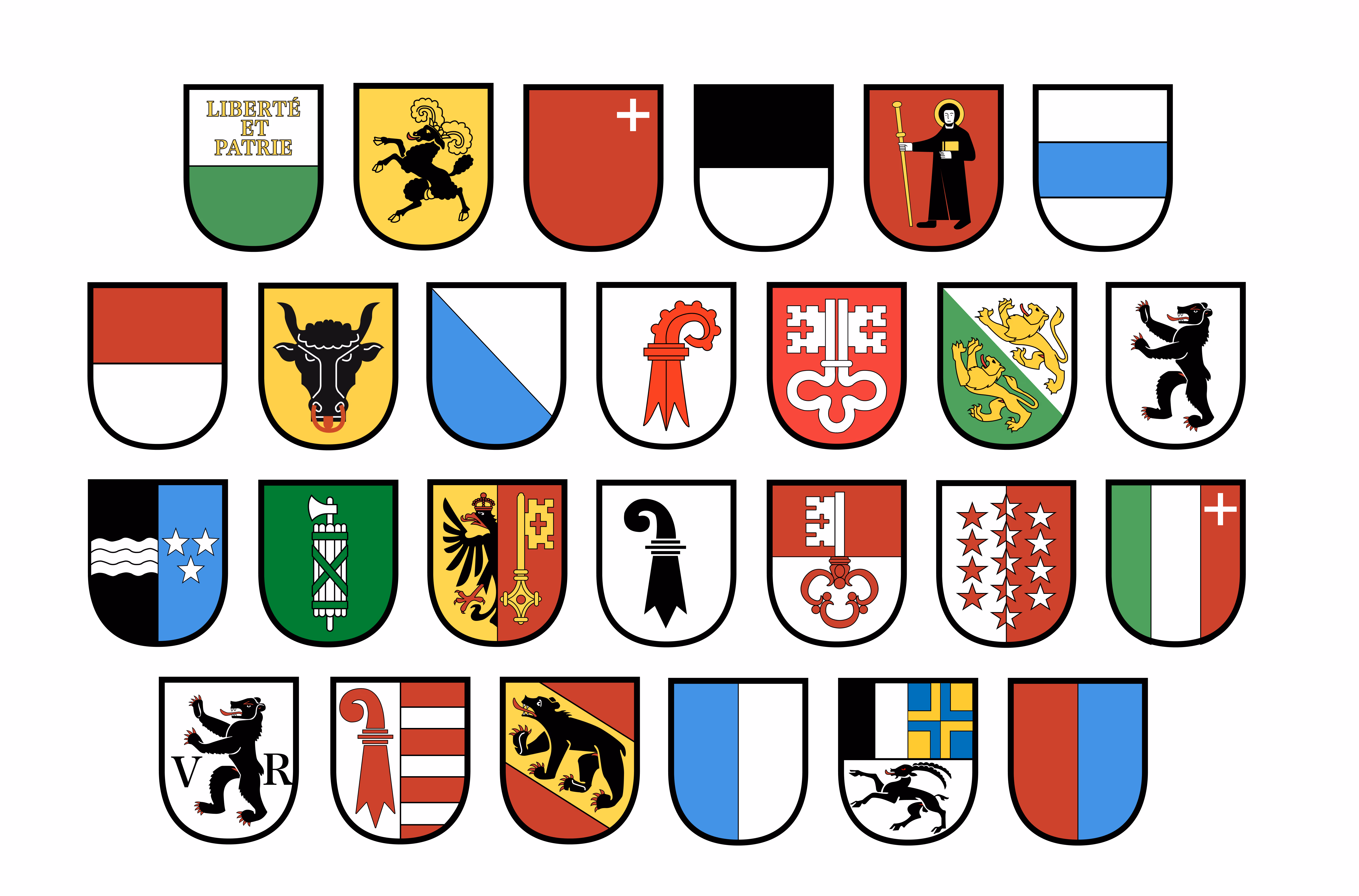 Die Wappen der 26 Schweizer Kantone in Reihen, farbige Schilde mit verschiedenen Symbolen und Mustern.