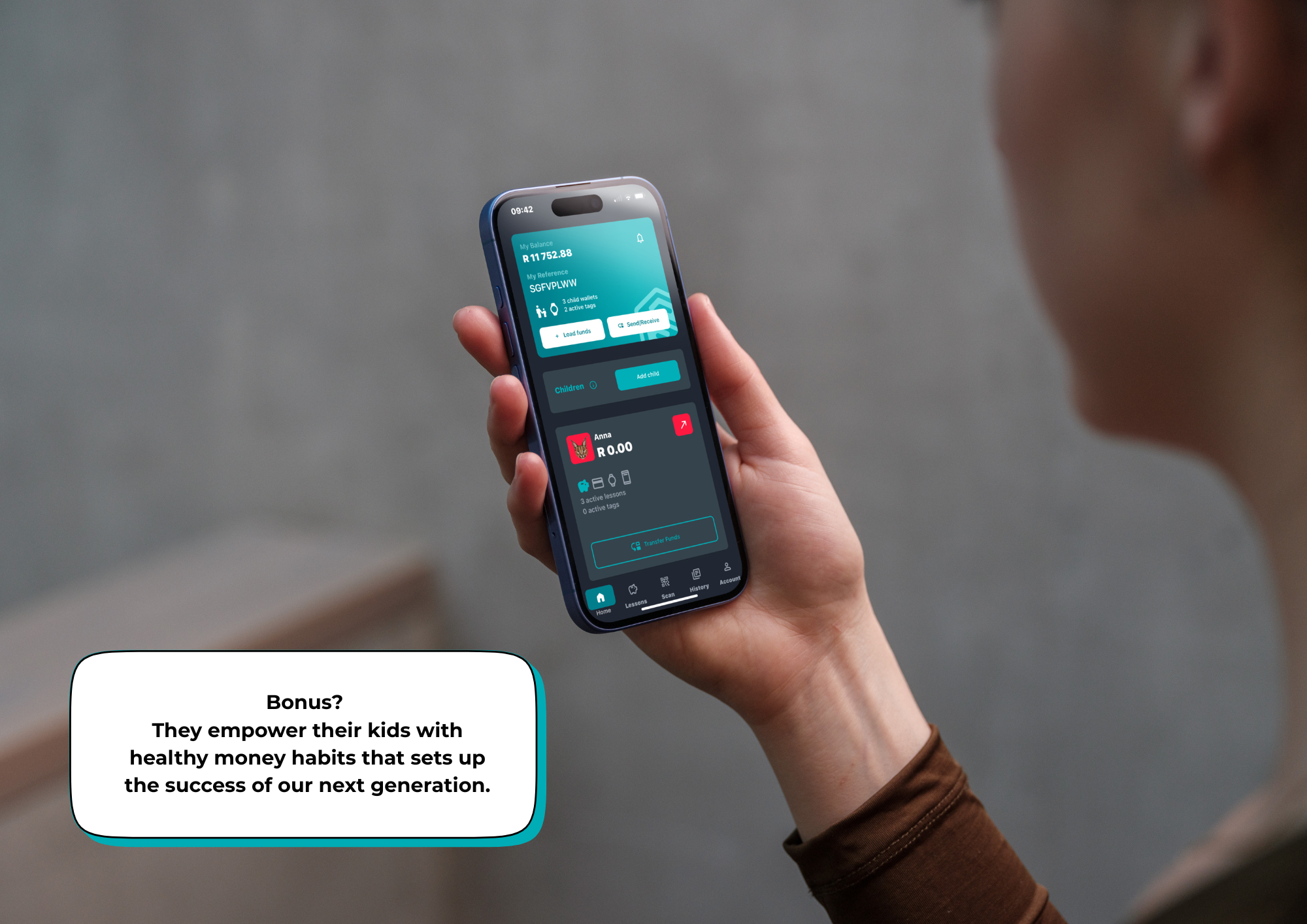 Parent holding a smartphone with the Sticitt app open, managing their child’s finances and viewing transaction details.