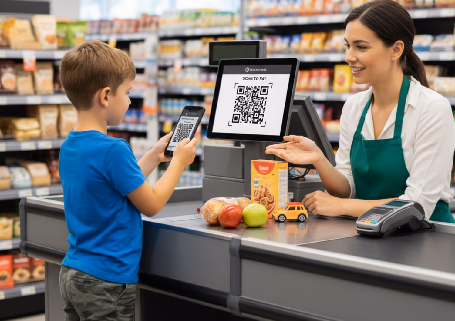 A young boy at a grocery store checkout counter using a smartphone to scan a QR code on a digital display, while a smiling cashier looks on, demonstrating a seamless cashless payment.