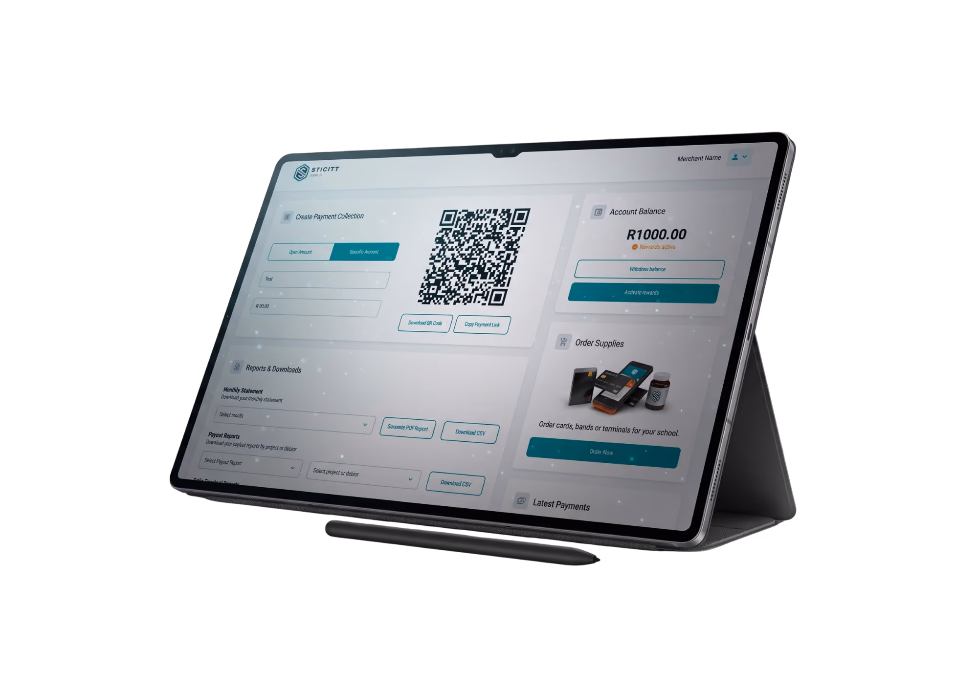 "Sticitt merchant dashboard displayed on a tablet, featuring QR payments, account management, reporting, and payment collection tools."