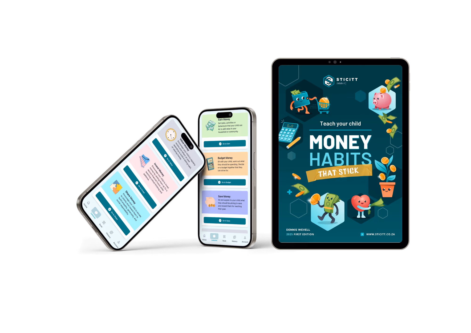 Sticitt mobile app and digital money habits guide, helping children learn to earn, save, spend, and budget through interactive financial education.