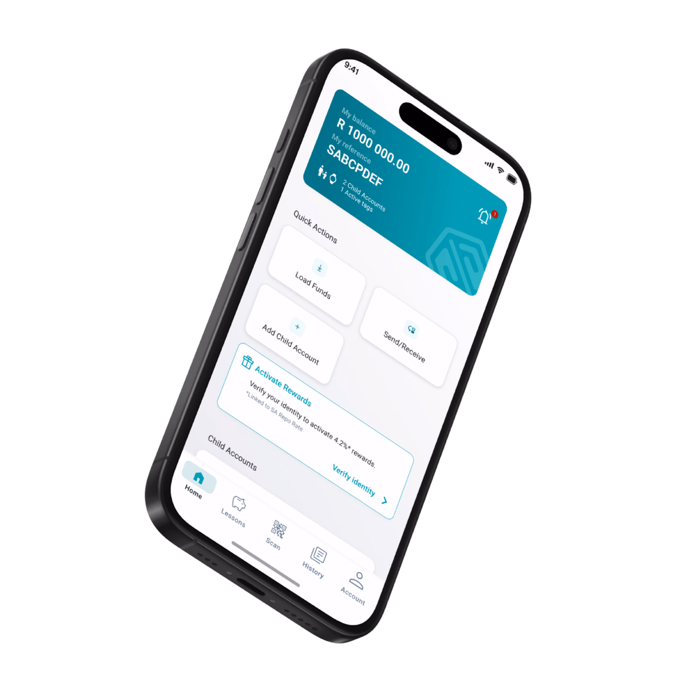 Sticitt mobile app displaying a family account dashboard with balances, child accounts, transfers, rewards, and digital payment management.