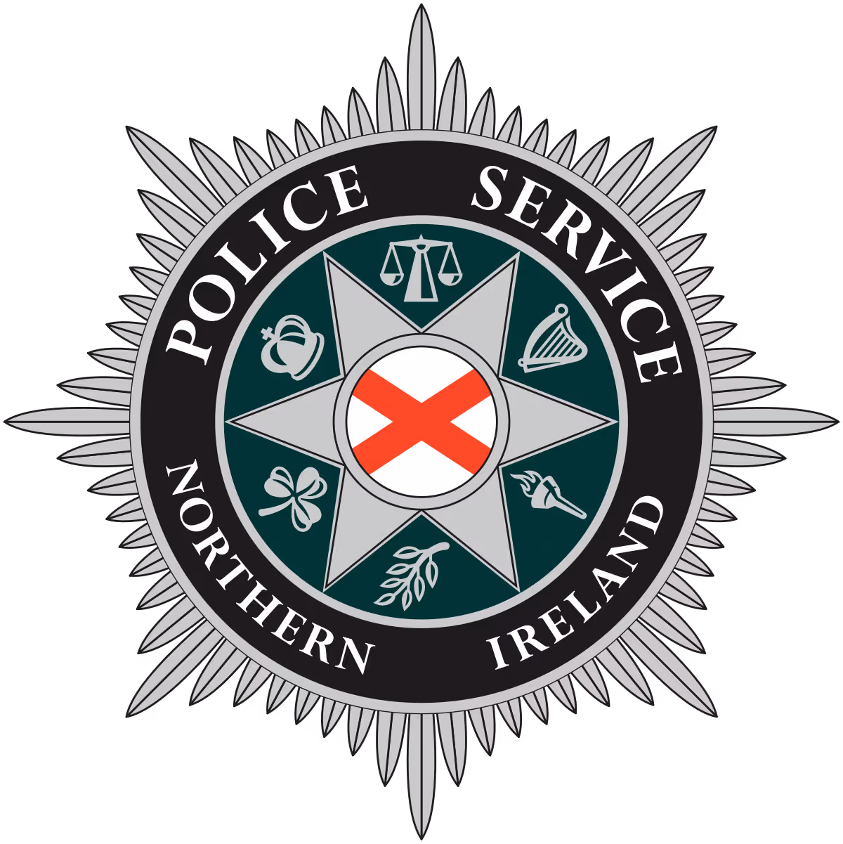 Badge of the Police Service of Northern Ireland featuring a star with a red cross in the center and symbols including scales, crown, harp, shamrock, torch, and olive branch around it.
