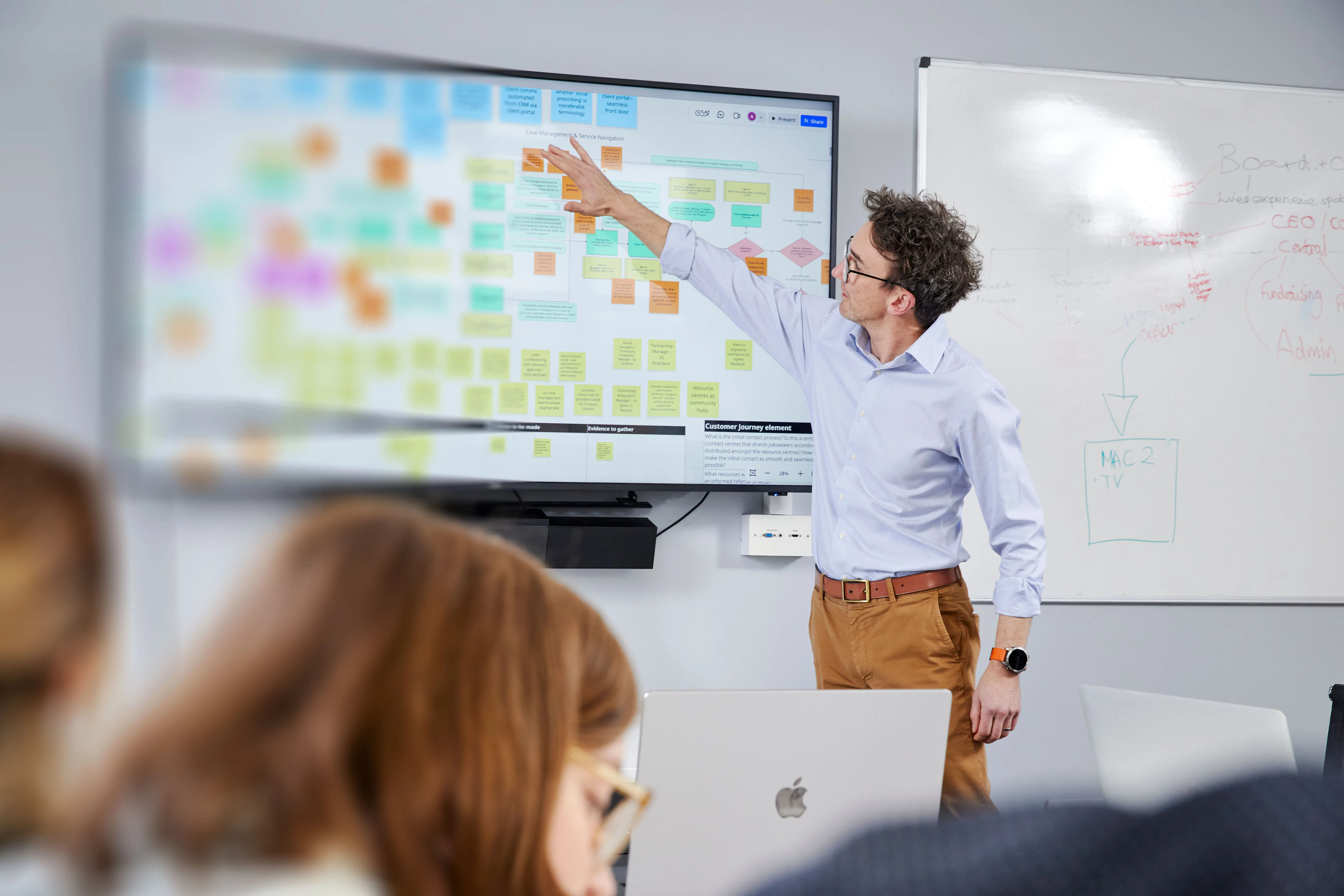 Man in glasses and light blue shirt pointing at a large screen displaying a colorful flowchart during a meeting.