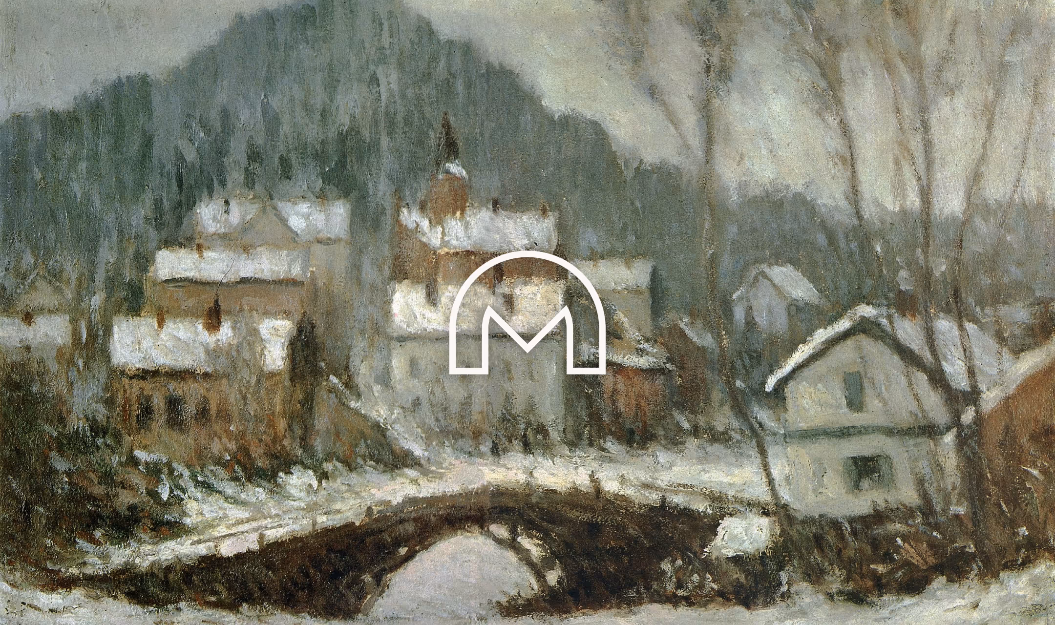 Bilde av Monetklinikken sin logo over Claude Monet sitt maleri "Sandvika Village in the Snow (1895)"