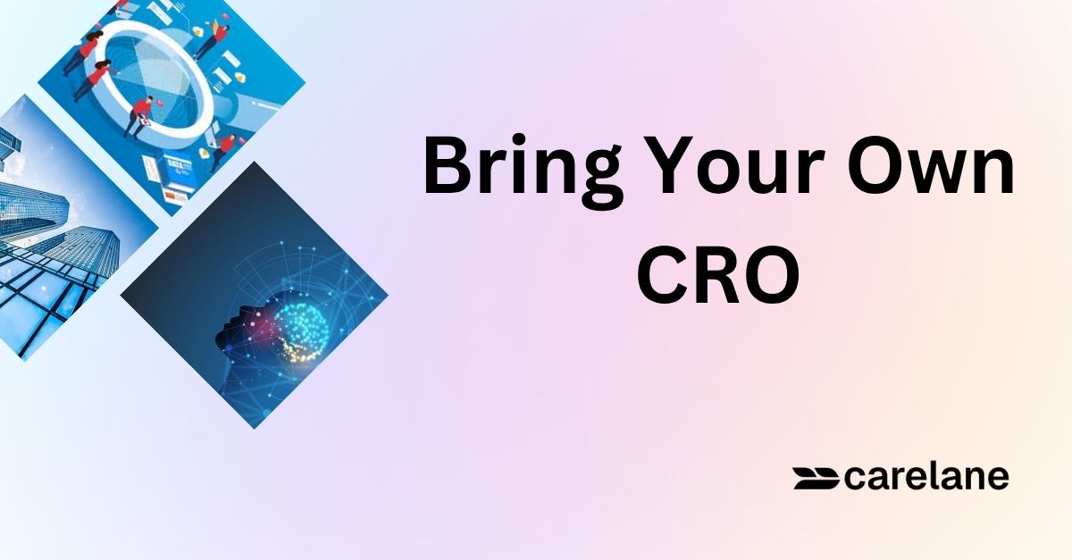 Diagram contrasting two clinical trial operating models. On the left, "Today": the CRO owns the eClinical platform, data, and admin rights, while the biotech sponsor rents access. On the right, "Tomorrow — Bring Your Own CRO": the biotech sponsor owns the platform, data, and infrastructure, while the CRO logs in as a swappable execution partner.