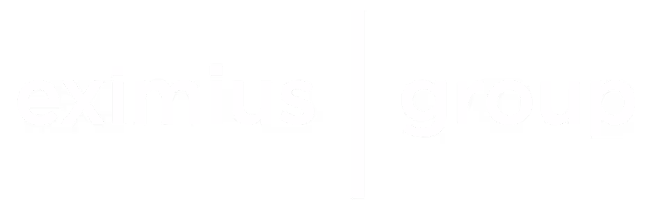 Eximius Group text logo with a vertical line separating the words 'eximius' and 'group' in white on a transparent background.