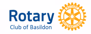 Rotary Club of Basildon logo featuring blue text and a yellow Rotary cogwheel emblem.