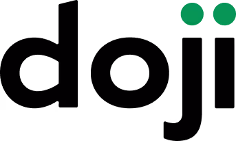 Doji cryptocurrency exchange logo in black with two green geometric shapes.