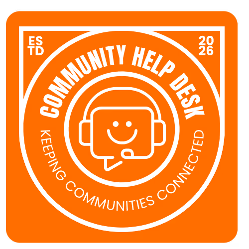 Orange square logo with white outlines featuring a smiling headset-wearing speech bubble and the text 'Community Help Desk' and 'Keeping Communities Connected'.