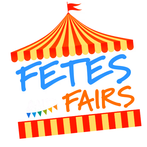 Red and yellow striped carnival tent with the words 'Fetes and Fairs' in blue, white, and orange text.