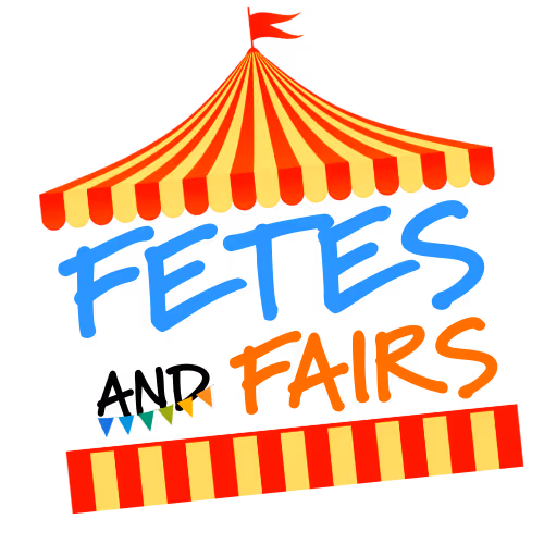 Red and yellow circus tent top with blue text 'FETES' and orange text 'FAIRS' beneath it.
