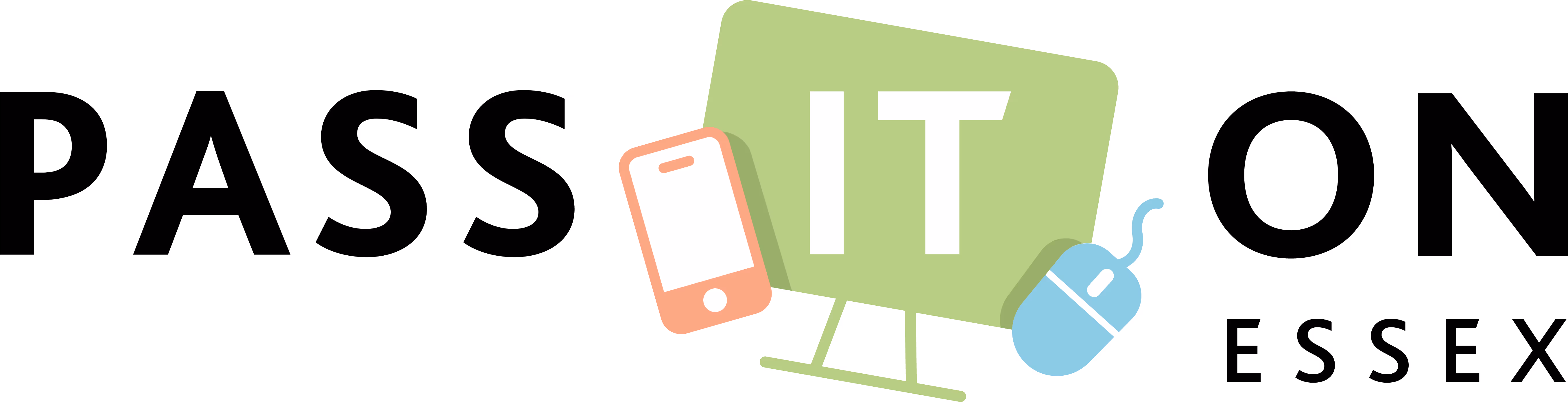 Logo reading 'PASS IT ON ESSEX' with a green computer monitor, a peach smartphone, and a blue computer mouse integrated in the design.