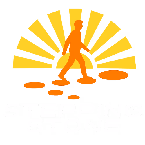 Orange silhouette of a person walking on orange stepping stones with yellow sun rays and the text 'STEPPING STONE' below.