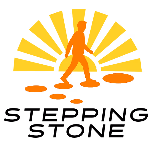 Orange silhouette of a person walking on stepping stones with yellow sun rays in the background.