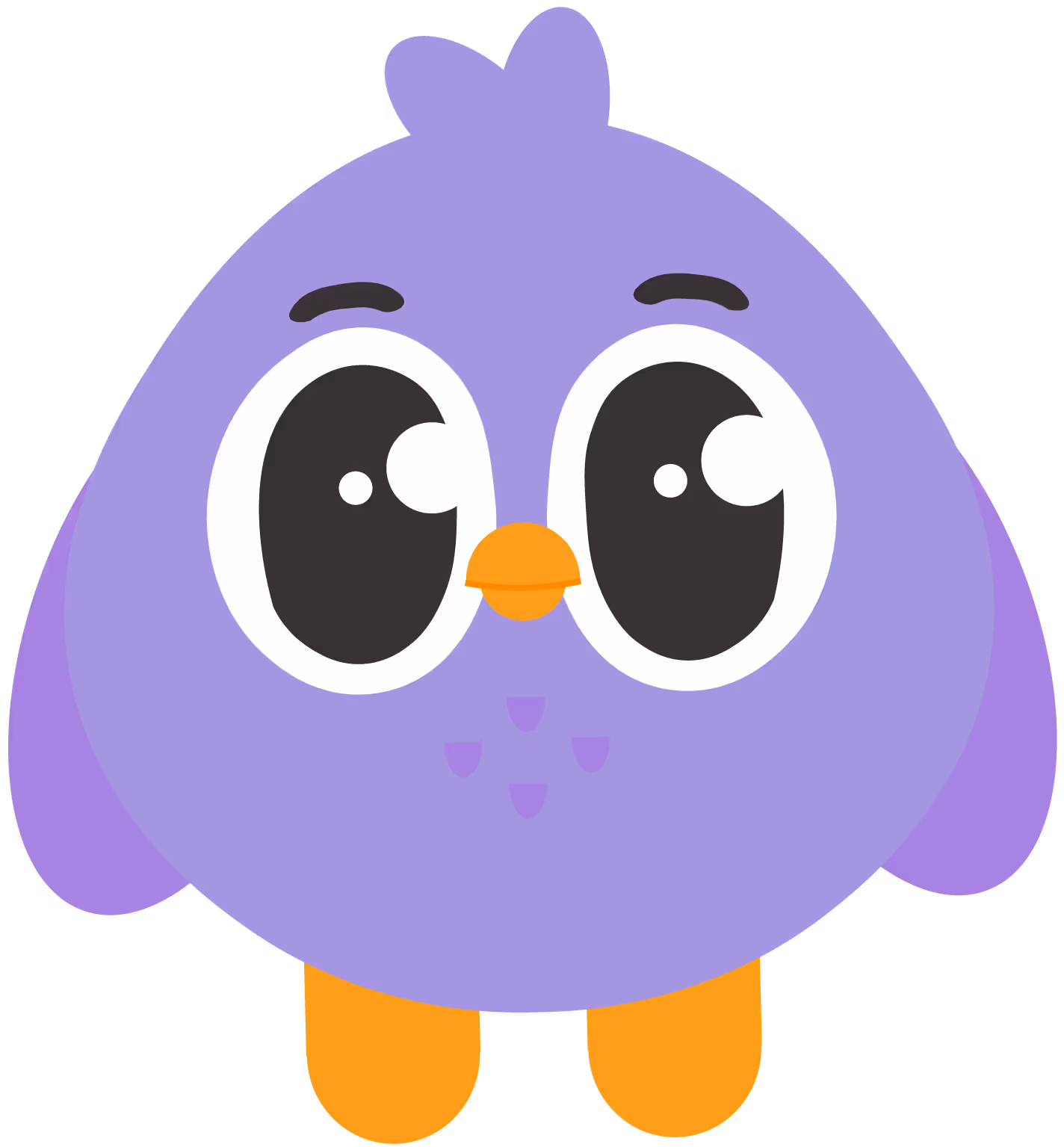 Cute cartoon purple bird with big eyes and orange beak and feet.