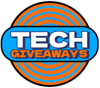 Logo with the words TECH GIVEAWAYS in bold letters on a blue oval over concentric orange and blue circles on a black background.