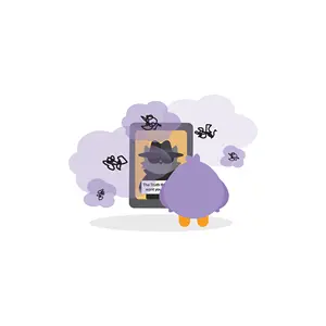 Purple character standing in front of a tablet with cartoon flies and smoky clouds around.