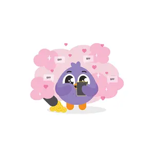 Cute purple bird with big eyes under a pink tree with hearts and BFF tags.