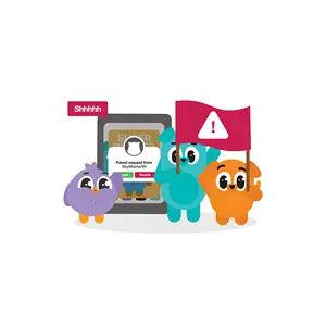 Three cartoon creatures with a tablet showing a secret friend request and a warning flag.