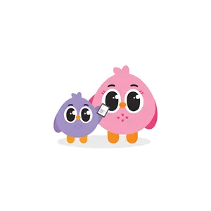 Small purple bird and larger pink bird holding phone together on white background.