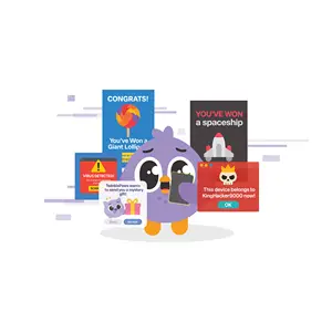 Cartoon purple bird holds a phone showing colorful winning notifications and alert pop-ups.