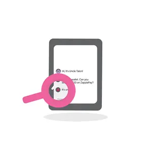 Tablet screen showing messages with a pink magnifying glass highlighting text.