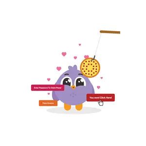 Purple cartoon bird with hearts around it below a hanging pizza slice and red text boxes.