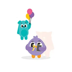 A blue dog holding colorful balloons and a purple bird eating a banana on a white background.