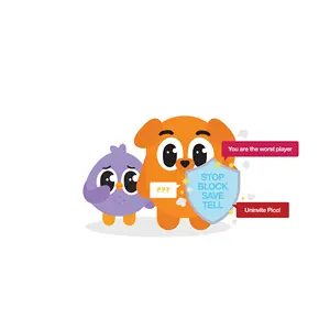 Orange dog holding shield that says Stop Block Save Tell, with a sad purple bird and insults.