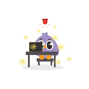 Purple bird with big eyes working on a laptop at a desk surrounded by floating lightbulbs.