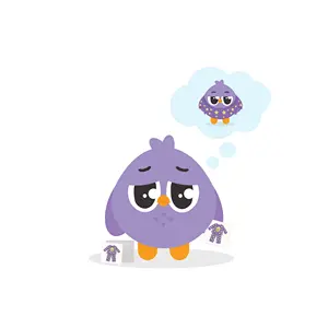 Sad purple bird holding a tiny shirt, imagining a happy version of itself in the shirt.